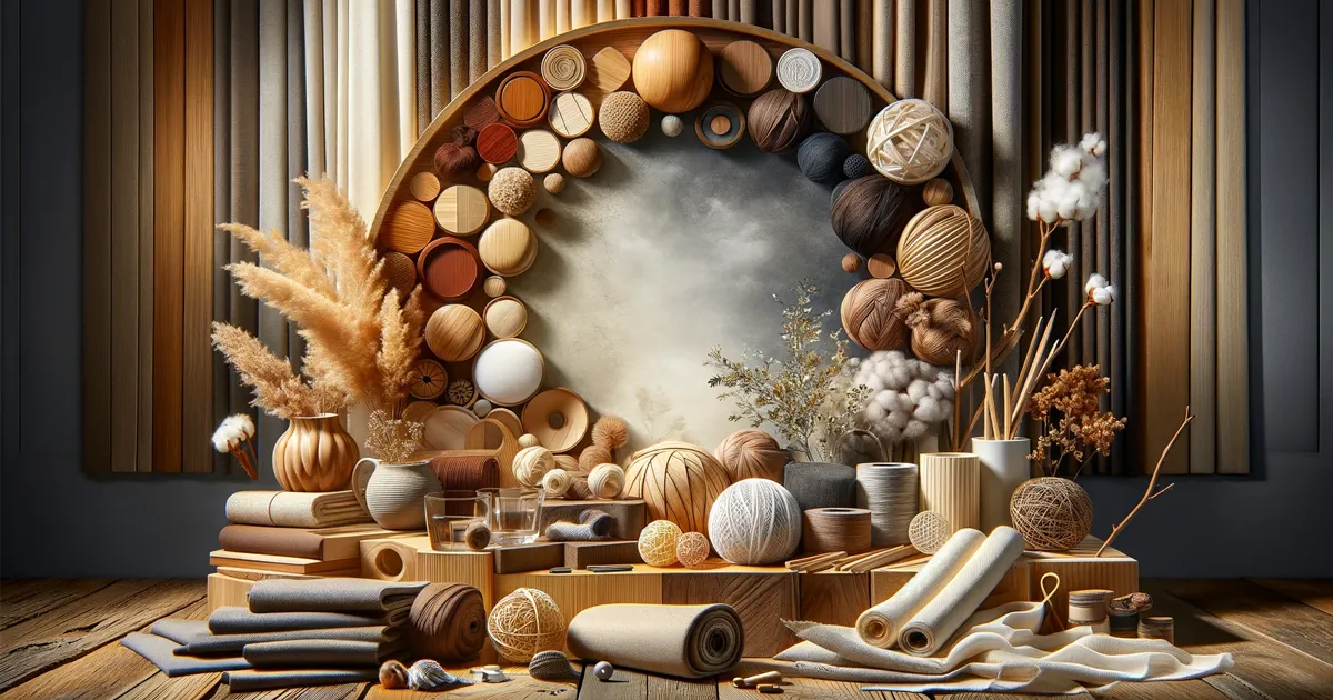 تصویر فوق نمایانگر ترکیب زیبا و شیک رنگ چوب خود رنگ راش با انواع پارچهها و متریالها است. این صحنه مجموعهای از بافتها و رنگها را نشان میدهد، شامل کتان، پنبه، ابریشم، شیشه، فلز، و پلاستیکهای با کیفیت بالا، که همگی به طور هماهنگ با تنهای گرم چوب راش ترکیب شدهاند. ترکیب در این تصویر متعادل و زیباست، به خوبی نشاندهندهی چگونگی تکمیل شدن زیبایی طبیعی چوب راش توسط این متریالهای متفاوت در یک محیط طراحی داخلی است.