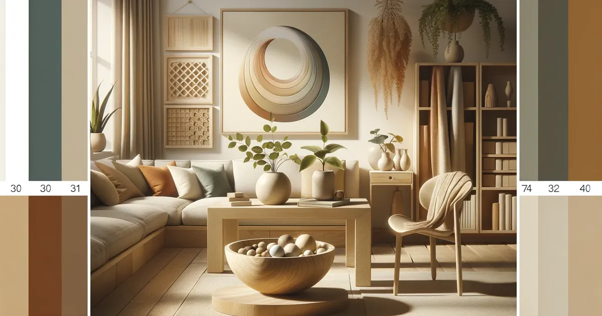 تصویر فوق یک طیف رنگی هماهنگ را نمایش میدهد که به خوبی با رنگ طبیعی چوب راش تکمیل میشود. این تصویر شامل رنگهای گرم مانند کرم، بژ، و قهوهای روشن، و همچنین تنهای سردتر مانند آبی روشن و سبز است، که همگی با دقت انتخاب شدهاند تا با گرمای چوب راش تعادل ایجاد کنند. صحنه به طور بصری نشان میدهد که چگونه این رنگها یک زیباییشناسی خوشایند و متعادل را در یک محیط طراحی داخلی ایجاد میکنند، با مثالهایی از پارچهها، رنگهای دیواری، و عناصر تزئینی که به خوبی با چوب راش ست میشوند.