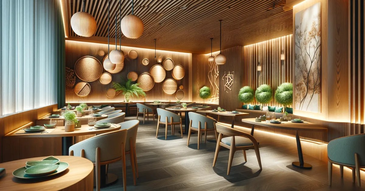 رستوران لوکس: میزها، صندلیها و اکسنتهای دیواری چوب راش، همراه با نورپردازی گرم و عناصر تزئینی سبز، تجربهای رفیع و دعوتکننده را فراهم میکنند.