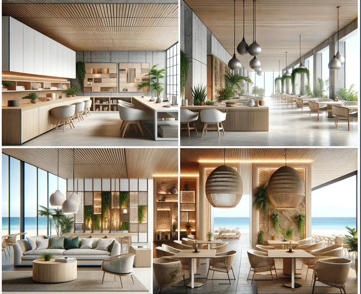 این تصاویر چهار نمونه موفق از پروژههای طراحی داخلی را نشان میدهند که هر کدام به طور موثری از رنگ چوب خود رنگ راش استفاده کردهاند