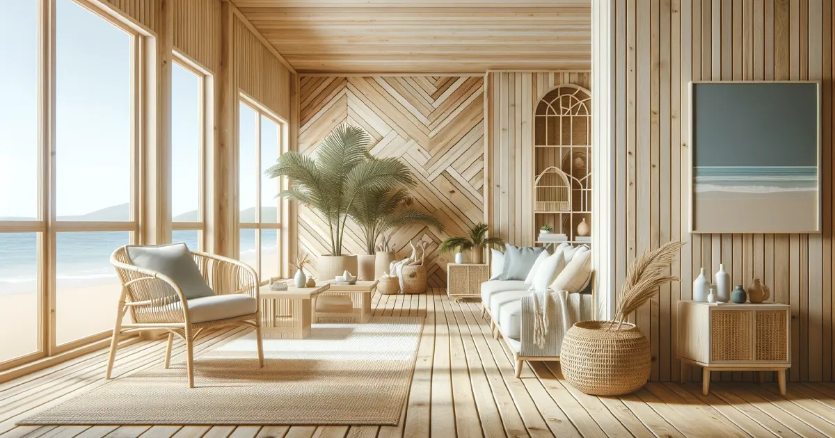 خانه ساحلی: با کفپوشها، دیوارها و سقفهای چوب راش، همراه با رنگهای روشن و بافتهای طبیعی، فضایی گرم و دعوتکننده ایجاد کرده است.