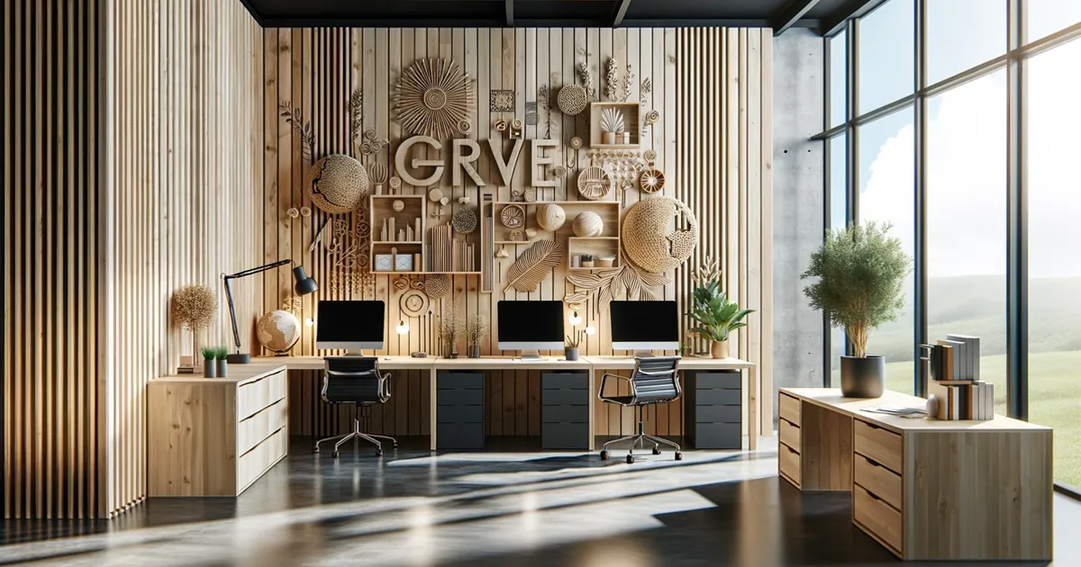 دفتر کار خلاقانه: استفاده از میزها، قفسهها و دیوارهای تزئینی چوب راش، ترکیب شده با عناصر فلزی و شیشهای، فضایی مدرن و الهامبخش.