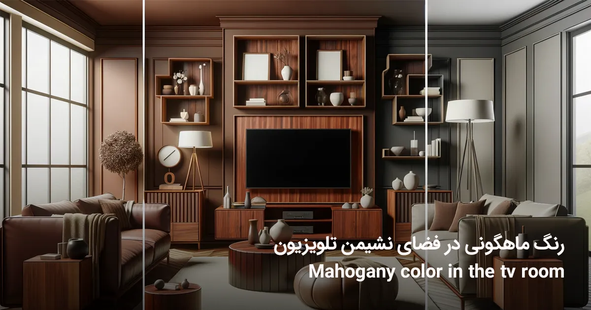 نشان‌دهنده استفاده از رنگ ماهگونی در فضای تلویزیون خانه است. در این تصویر، مبلمانی به رنگ ماهگونی مانند پایه تلویزیون، واحدهای قفسه، و میزهای کناری به زیبایی با دکور داخلی هماهنگ شده‌اند. عناصری مانند نورپردازی محیطی، مبلمان راحتی، و آیتم‌های تزئینی که رنگ ماهگونی را تکمیل می‌کنند، حسی از راحتی و شیک بودن را به فضا می‌افزایند، فضایی ایده‌آل برای سرگرمی و استراحت ایجاد می‌کنند
