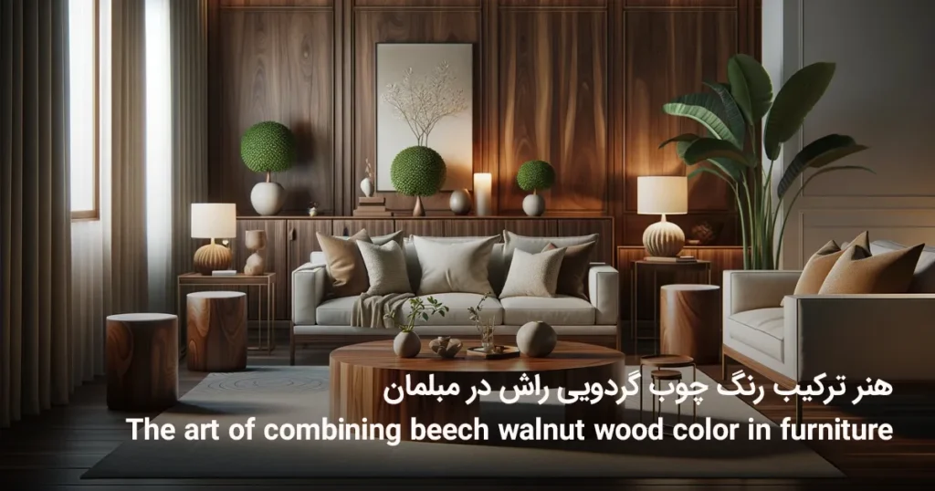 هنر ترکیب چوب گردویی رنگ در مبلمان، به نمایش گذاشتن یک اتاق نشیمن با طراحی زیبا که حس هماهنگی، ظرافت و گرما را منتقل می کند.