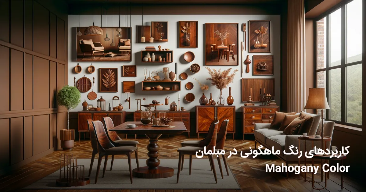  کاربردهای مختلف رنگ ماهگونی در مبلمان خانگی را به نمایش می‌گذارد. این تصویر شامل قطعات مختلف مبلمان مانند میز غذاخوری، صندلی‌ها، یک مبل راحتی، میز قهوه و آیتم‌های تزئینی است که همگی دارای رنگ غنی و عمیق ماهگونی هستند. فضای نشان داده شده، یک محیط خانگی زیبا و گرم را منعکس می‌کند و نشان می‌دهد چگونه مبلمان با رنگ ماهگونی می‌تواند عمق، لوکس بودن و حس گرما را به فضای زندگی اضافه کند. هدف از این تصویر، ارتباط بصری تنوع و جذابیت زیبایی‌شناختی ماهگونی است که زیبایی و صمیمیت فضاهای داخلی خانه را افزایش می‌دهد