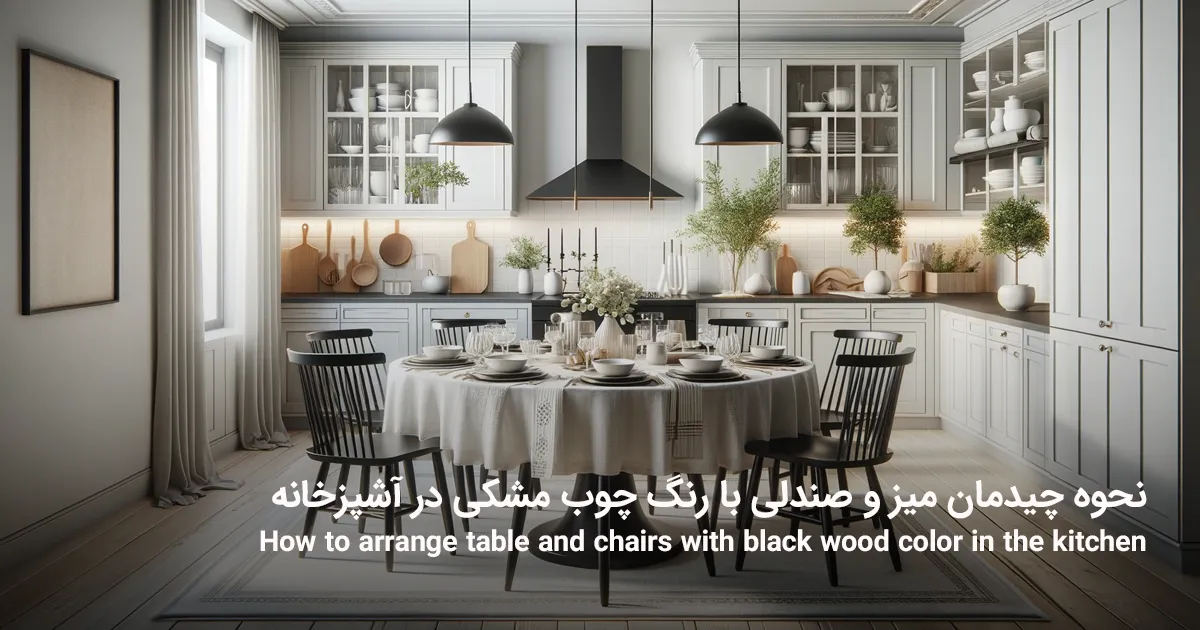 نحوه چیدمان میز و صندلی با رنگ چوب مشکی در آشپزخانه