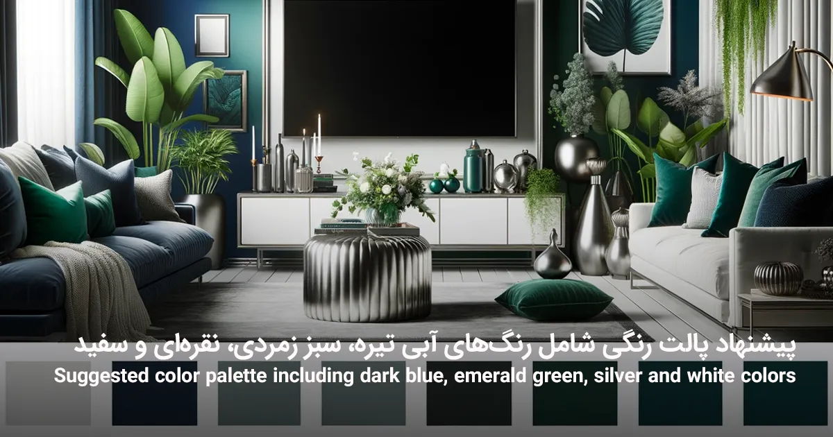 پیشنهاد پالت رنگی شامل رنگهای آبی تیره، سبز زمردی، نقرهای و سفید
