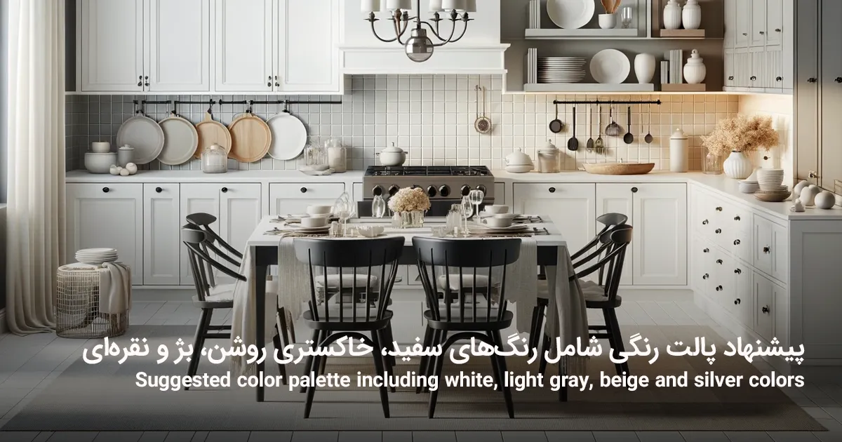 پیشنهاد پالت رنگی شامل رنگهای سفید، خاکستری روشن، بژ و نقرهای